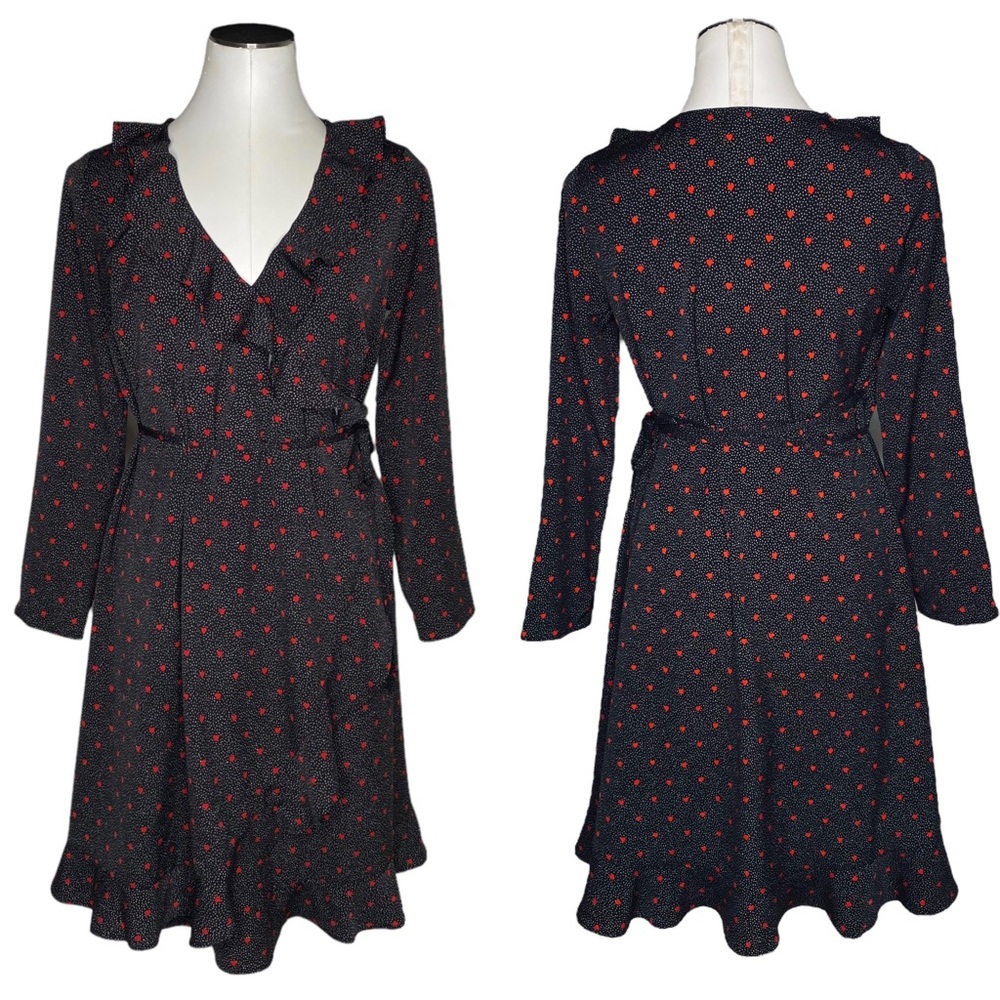 H&M Black Red Heart Print Ruffle Wrap Dress